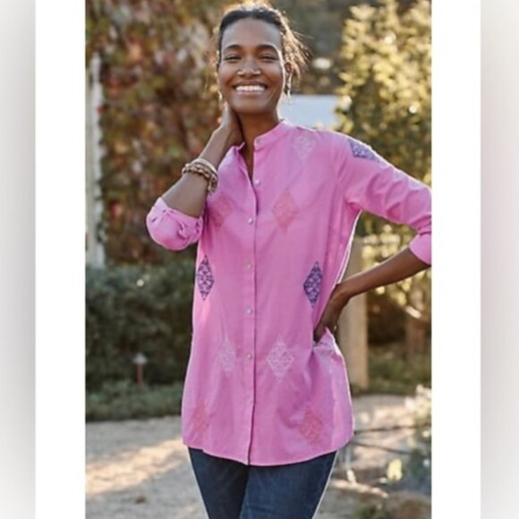 J. Jill Embroidered Button-Front Cotton Tunic -‎ Medium - Pink w/Blue/Tan/Silver - Picture 6 of 14